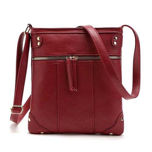 Women Retro Rivet Design Winter Front Zipper Pocket Crossbody Bag