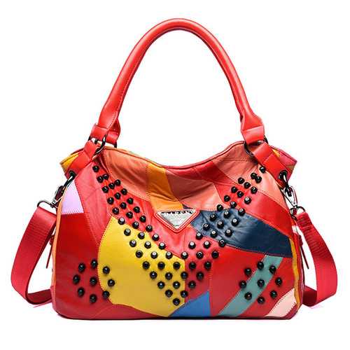 Women Genuine Leather Rivet Fashion Patchwork Handbag