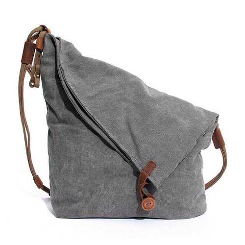 Ekphero Women Men Canvas Crazy Horse Gray Button Shoulder Bags Cowhide Casual Crossbody Bags